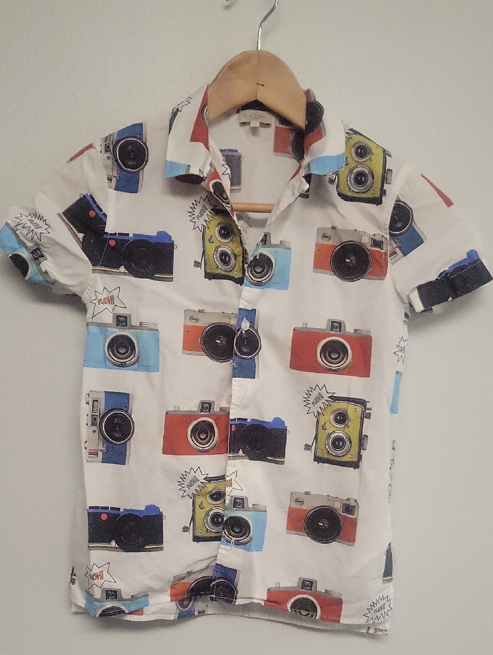 Paul Smith Junior White Button-Up Shirt with Multicolored Camera Motif